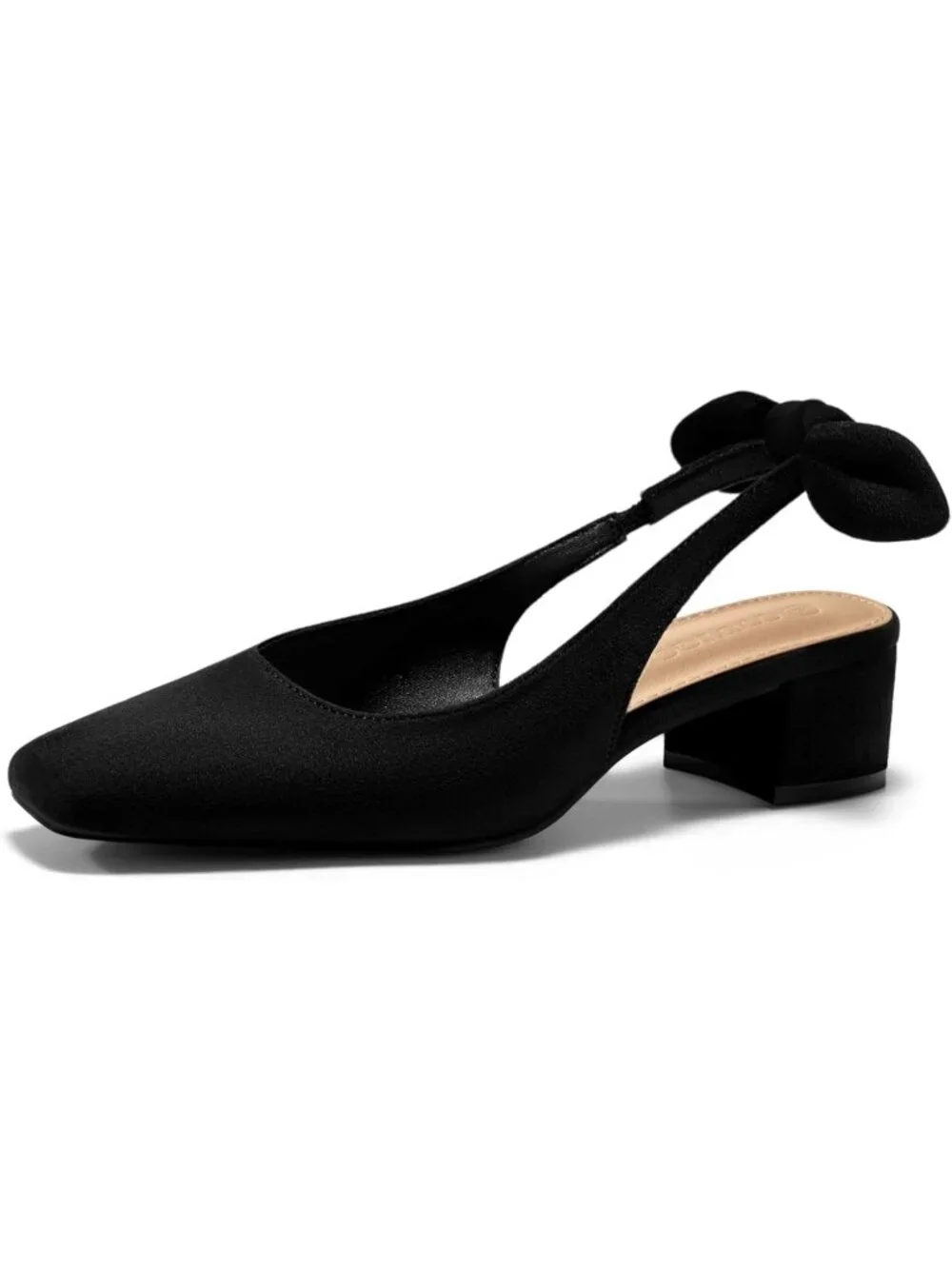 Women's Black  Faux Suede Chunky Low Heels Bow Slingback Closed Square Toe Pumps